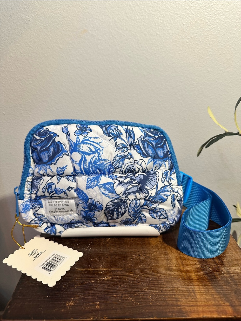 Simply Southern blue and white floral belt bag